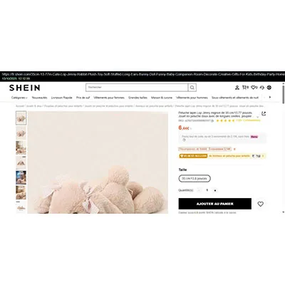 Jouet doux en forme de lapin. Produit vendu en ligne, notamment via Shein (identifiant du produit: sl25070305599960557).