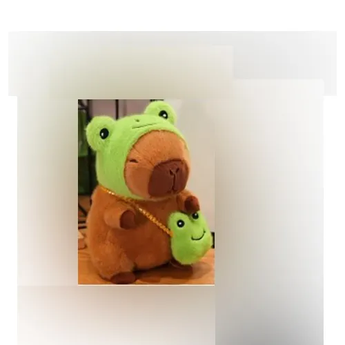 Jouet en peluche brun et vert en forme de capybara portant un couvre-chef de grenouille et un masque de grenouille détachable. Produit vendu en ligne, notamment via Shein (identifiant unique: sl25060321981221271).