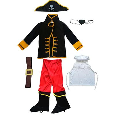 Costume de pirate, destiné aux enfants, composé d'un pantalon noir, rouge et jaune, d'une veste noire et jaune avec de faux boutons en forme de bijou jaune translucide, d'un bavoir blanc avec de la dentelle, d'une ceinture, d'un chapeau avec une photo d'un crâne dessus et d'une tache d'œil en feutre noir maintenue en place par une bande élastique. Produit vendu en ligne, notamment via Temu (identifiant unique: 601102693958226).