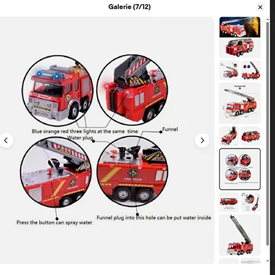Moteur d'incendie de jouet électrique rouge avec des sirènes allumées et un tuyau en plastique pour éjecter l'eau. Produit vendu en ligne, notamment via eBay (identifiant unique: 356769469852).