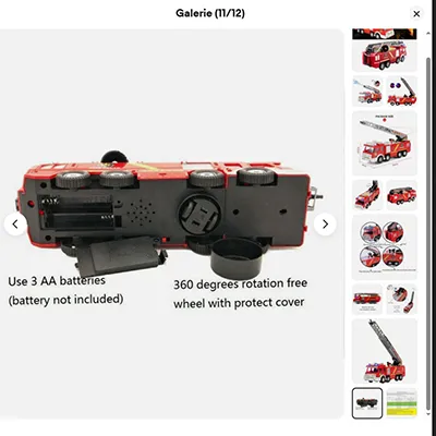 Moteur d'incendie de jouet électrique rouge avec des sirènes allumées et un tuyau en plastique pour éjecter l'eau. Produit vendu en ligne, notamment via eBay (identifiant unique: 356769469852).