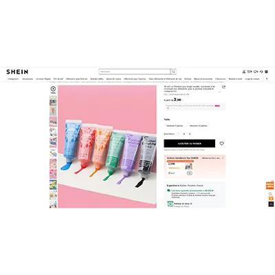 Ensemble de tubes de peinture au doigt en cinq couleurs différentes: blanc, noir, rouge, vert et jaune. Produit vendu en ligne, notamment via SHEIN.