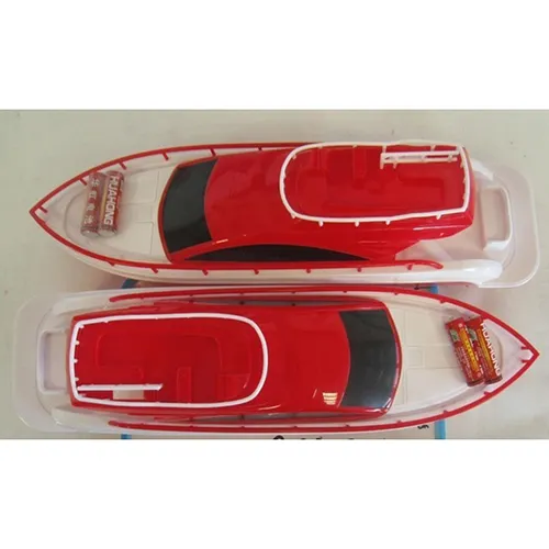 Jouet de bain en forme de bateau en plastique rouge et blanc avec deux moteurs à hélice nécessitant une batterie chacun. Produit vendu en ligne, notamment via eBay (identifiant unique: 127095230458).