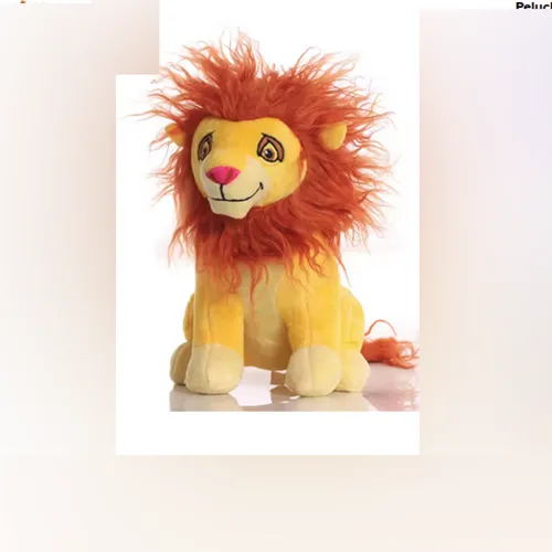 Jouet doux jaune dans un shapre d'un lion avec une crinière orange et une boucle de tissu avec une ventouse. Produit vendu en ligne, notamment via AliExpress (identifiant unique: 1005007641627782)