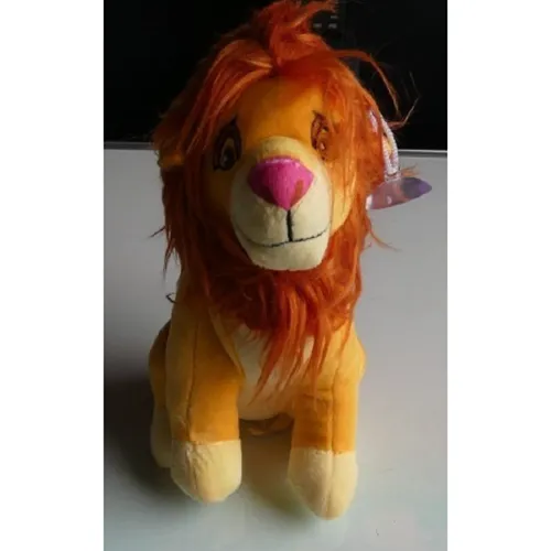 Jouet doux jaune dans un shapre d'un lion avec une crinière orange et une boucle de tissu avec une ventouse. Produit vendu en ligne, notamment via AliExpress (identifiant unique: 1005007641627782)
