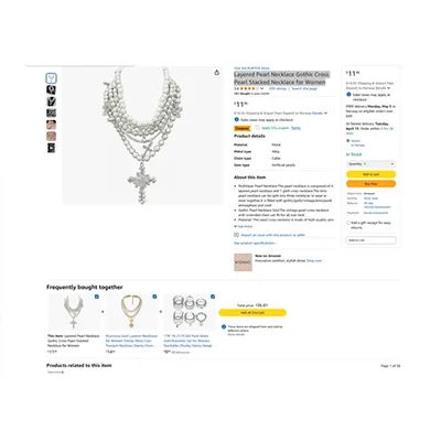 Collier en argent avec perles et croix. Produit vendu en ligne, notamment via Amazon.