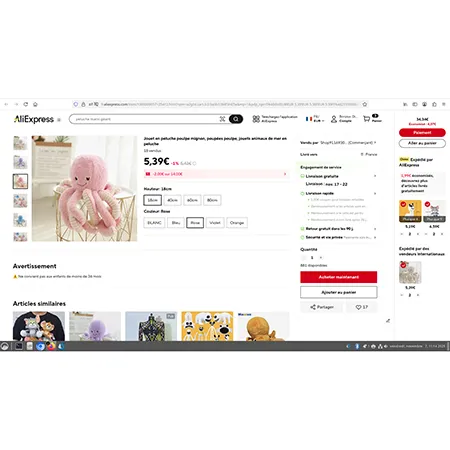 Jouet doux rose et blanc en forme de pieuvre avec une ventouse fixée au sommet de sa tête par un cordon. Produit vendu en ligne, notamment via AliExpress (identifiant unique du produit: 1005009057125412).