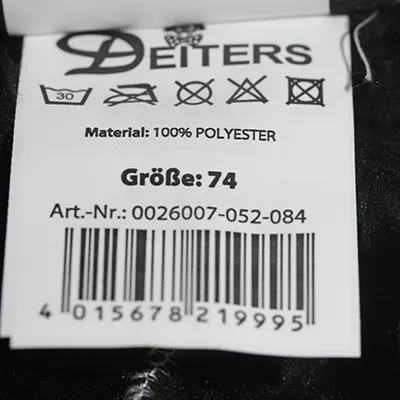 Costume de panda fantaisie noir et blanc, destiné aux enfants, 850 mm de longueur et 380 mm de largeur. Taille 74. Fabriqué à partir de 100% polyester. Produit vendu en ligne, notamment via www.deiters.de.