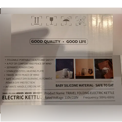 Bouilloire électrique en plastique silicone blanc et bleu Tension 110/220 V, fréquence 50-60 Hz.