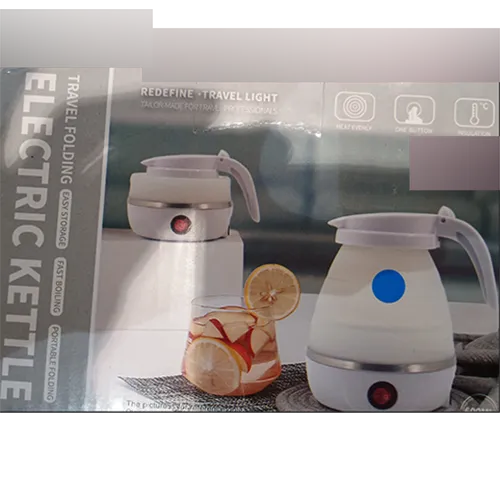 Bouilloire électrique en plastique silicone blanc et bleu Tension 110/220 V, fréquence 50-60 Hz.