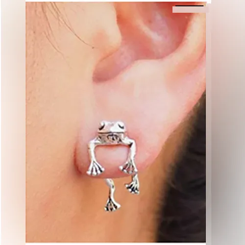 Boucles d'oreilles de couleur argentée en forme de grenouille. Produit vendu en ligne, notamment via Shein.