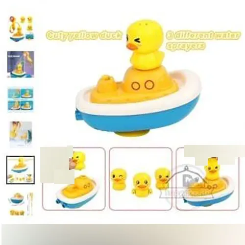 Jouet de bain électrique sous la forme d'un bateau flottant, en plastique rigide. Le jouet comprend une base de bateau intégrant un système de jet à batterie, trois figurines de canard qui peuvent être positionnées sur le bateau, un module de «douche» composé d’un canard relié par un tuyau rigide à une pomme de douche. Une ventouse est fournie non montée et desserrée ainsi qu'un manuel d'instructions.