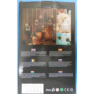 Chaîne d'éclairage décorative avec une étoile en plastique, une cloche, un pin et des décorations en forme de cerf, équipée d'une unité clignotante à 8 fonctions. Produit vendu en ligne, notamment via eMAG