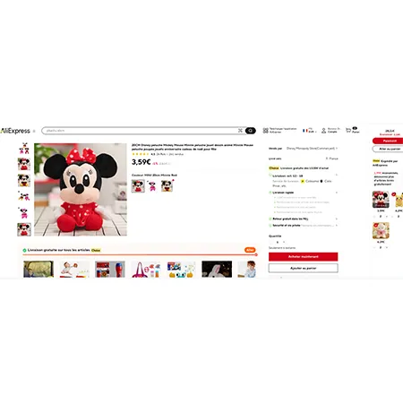 Jouet doux en forme de personnage Minnie Mouse avec une ventouse. Produit vendu en ligne, notamment via AliExpress (identifiant unique: 1005004504058340)