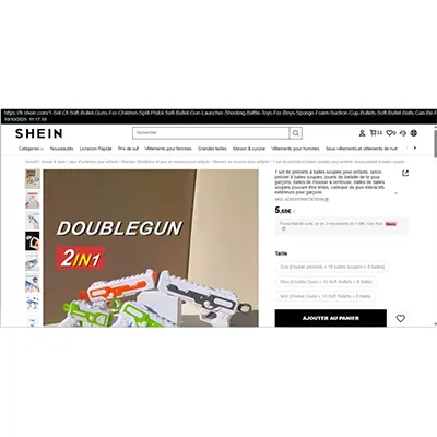 Ensemble de deux pistolets en plastique de couleur blanche et orange de différentes tailles. Chaque pistolet peut tirer des projectiles en mousse (avec une pointe de ventouse) et des balles en plastique souple. Produit vendu en ligne, notamment via Shein (identifiant unique: sl25030790972879200)