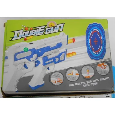 Ensemble de deux pistolets en plastique de couleur blanche et orange de différentes tailles. Chaque pistolet peut tirer des projectiles en mousse (avec une pointe de ventouse) et des balles en plastique souple. Produit vendu en ligne, notamment via Shein (identifiant unique: sl25030790972879200)