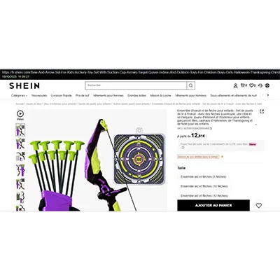 Arc noir, vert et violet avec trois petites flèches et une cible. Produit vendu en ligne, notamment via SHEIN (identifiant unique du produit: sl25091638478606468)