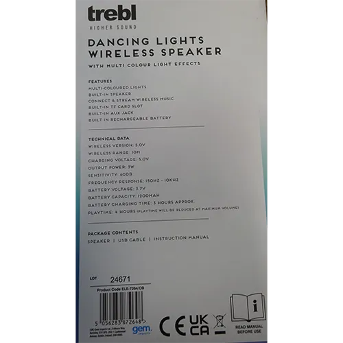 Haut-parleur sans fil avec lumières. Produit vendu en ligne, notamment via eurogiant.ie.