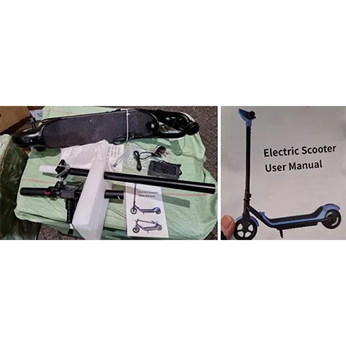 Scooter électrique, destiné aux enfants, avec prise murale et alimentation électrique.