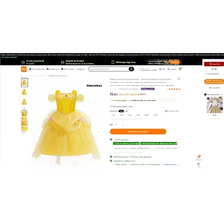 Costume de fantaisie de couleur jaune, destiné aux enfants. Produit vendu en ligne, notamment via Temu (identifiant unique: 601100965063769)