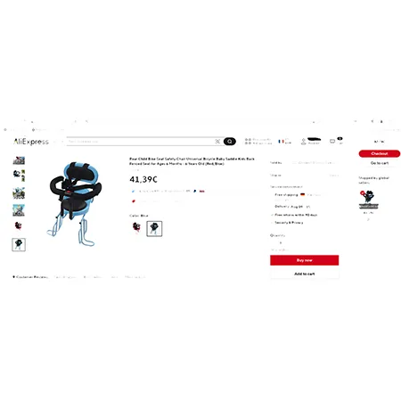 Siège de vélo arrière pour enfants, bleu ou rouge, avec repose-pieds. Produit vendu en ligne, notamment via AliExpress (Numéro d'identification: 1005008089861957).