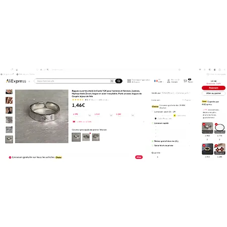 Bague réglable en métal argenté avec une étoile gaufrée sur le dessus et un strass. Produit vendu en ligne, notamment via AliExpress (identifiant unique: 1005007557480560)