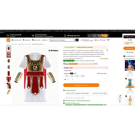 Costume de fantaisie, représentant un costume romain, destiné aux enfants, comprenant une tunique et une coiffe. Produit vendu en ligne, notamment via Temu (identifiant unique: 601100924994658).