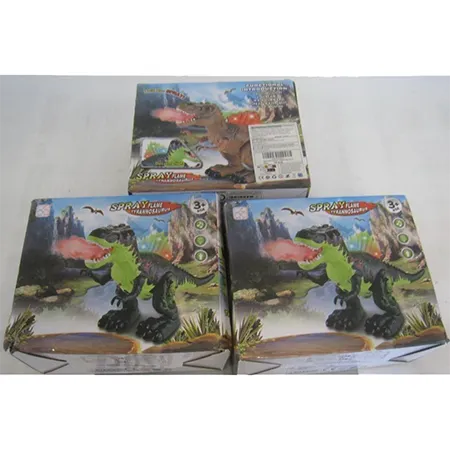 Un jouet électronique sous la forme d'un Tyrannosaurus. Le jouet est alimenté par batterie et peut marcher et respirer de la fumée blanche. Des LED sur le dos et la bouche du dinosaure s'allument. Produit vendu en ligne, notamment via Amazon (ASIN: B08ZN1P16M, UGS : X001C8X6YT)