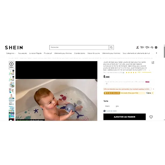 Jouet de bain à piles sous la forme d'une baleine blanche. Le jouet peut pulvériser de l'eau. Produit vendu en ligne, notamment via Shein (identifiant unique: sa25062654603322639).