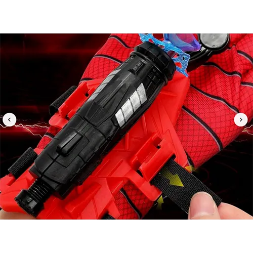 Jeu d'araignée Spiderman avec lanceur web composé d'un gant, d'un lanceur de projectiles, d'un fil blanc, d'une attache velcro et de 3 fléchettes en plastique avec ventouses.