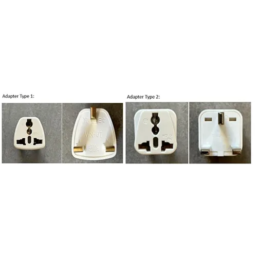 Deux variantes d'adaptateurs blancs EU 2 pin à UK 3 pin plug fournis avec certaines pompes électriques utilisées pour les pistes de gymnastique AirTumble. La piste de gymnastique AirTumble elle-même n'est pas affectée. Le rappel ne s'applique qu'aux adaptateurs de prise.