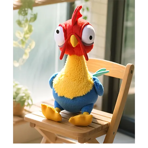 Jouet doux rouge, bleu, jaune et vert en forme de poulet. Produit vendu en ligne, notamment via TEMU (identifiant unique: 601103044348341).