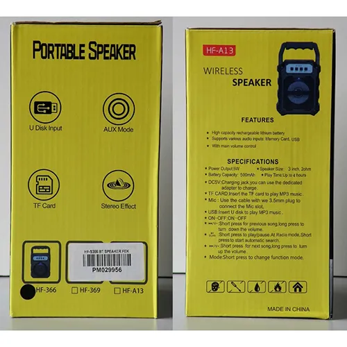 Haut-parleur sans fil avec boîtier en plastique noir et batterie intégrée.
