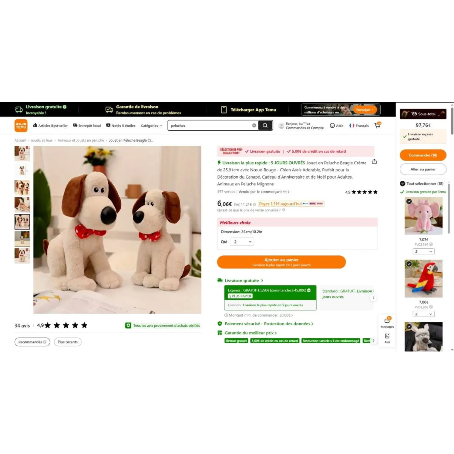 Jouet doux beige en forme de chien assis avec un arc rouge autour du cou.