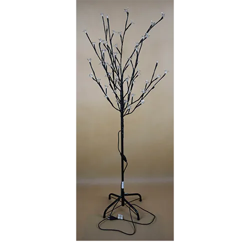 Arbre d'éclairage décoratif avec des lumières LED et des abat-jours en forme de fleur blanche, monté sur un support en métal noir.