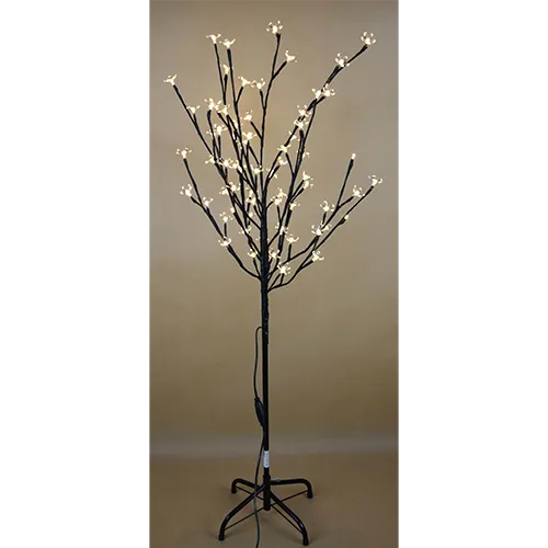 Arbre d'éclairage décoratif avec des lumières LED et des abat-jours en forme de fleur blanche, monté sur un support en métal noir.