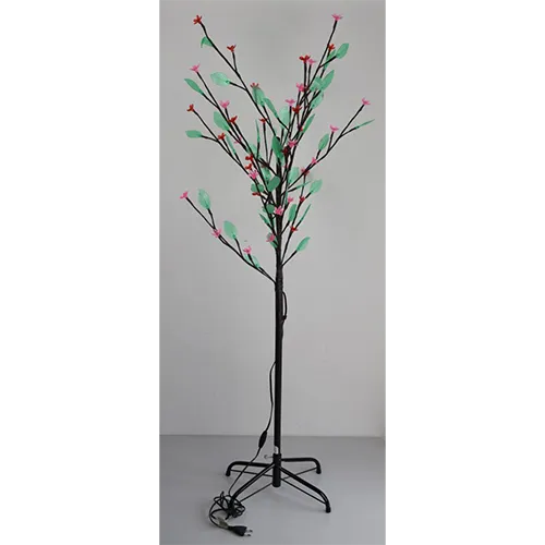 Arbre artificiel décoratif avec 135 LED, abat-jour en forme de fleur rouge et feuilles vertes, monté sur un support en métal noir.