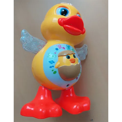 Jouet en plastique à piles en forme de canard. Le jouet danse, émet de la musique et s'illumine avec des LED multicolores.