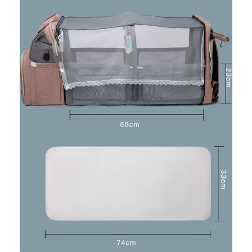 Sac à dos contenant un lit pliant avec plusieurs compartiments.