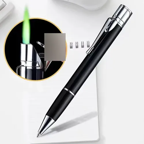 Briquet rechargeable en forme de stylo noir.