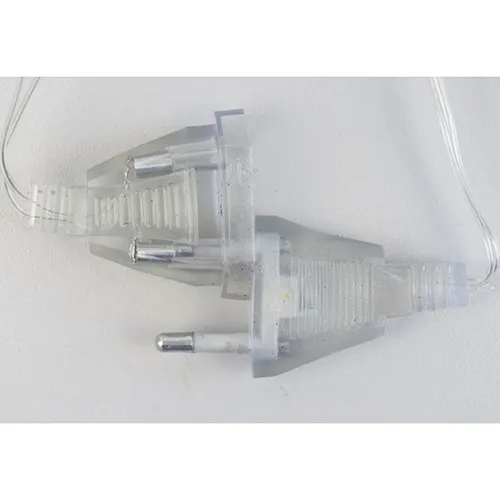 Chaîne d'éclairage de Noël connectée en série avec un câble transparent, 144 lumières LED et un boîtier de commande blanc. L'appareil est équipé d'un mini-contrôleur EK-04 modèle 8 programmes. Données techniques: 220 V, appareil de classe II.