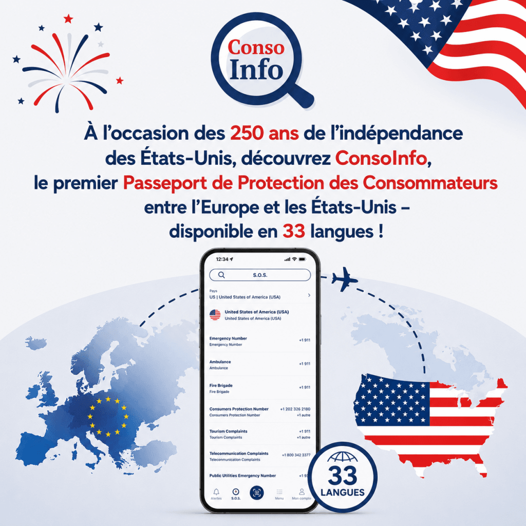 Le 4 juillet , InfoCons marque les 250 ans de l’indépendance des États-Unis en lançant l’UNIQUE Passeport de Protection des Consommateurs ConsoInfo entre l’Europe et les États-Unis – en 33 langues !