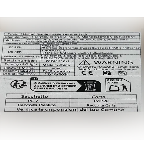 Jouet hochet avec cinq boules de dentition.