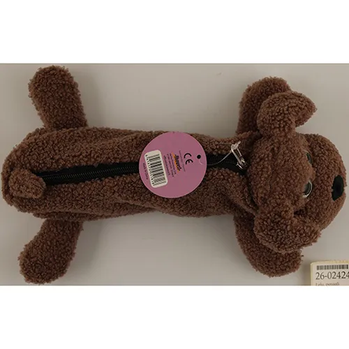 Deux étuis à crayons en peluche en forme de chien. Un chien est brun clair et avec une fermeture à glissière brune, tandis que le second est brun foncé et a une fermeture à glissière noire.