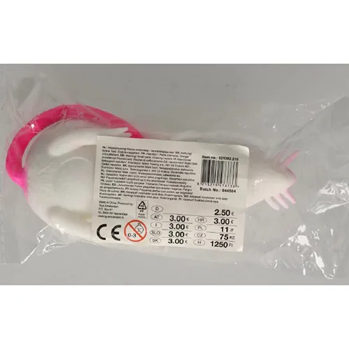 Jouet en plastique extensible en forme de souris, rempli de sable.