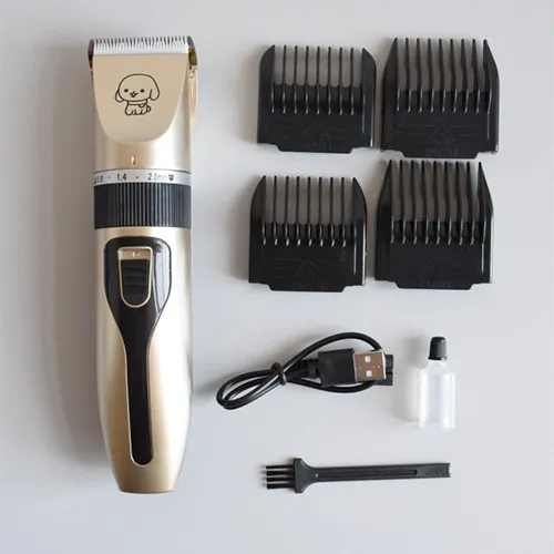 Tondeuse rechargeable sans fil pour animaux de compagnie fournie avec 4 têtes de fixation et accessoires interchangeables.