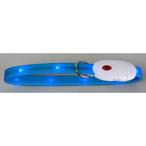 Collier de chien LED bleu en PVC souple, fourni avec un câble USB noir et un tournevis.