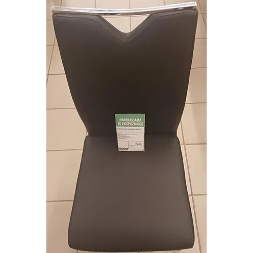 Chaise avec cadre en métal, siège rembourré et dossier recouvert de cuir artificiel. Cadre de jambe en tubes métalliques de 25 mm de diamètre, pieds en plastique de 19 mm de diamètre au fond. Le siège est fixé avec M6, le dossier avec des vis M8. Dimensions : 450 × 445 × 1010 mm, hauteur du siège 475 mm. Poids 6,9 kg.