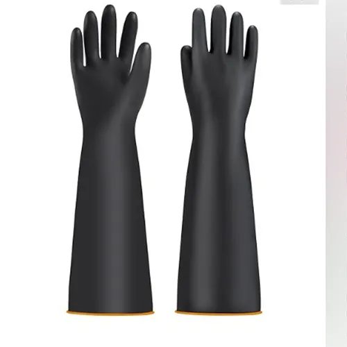 Gants de longueur de bras noirs et orange, annoncés comme résistants aux acides ou aux produits chimiques.