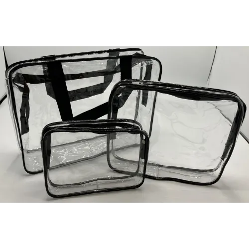 Sac de toilette transparent en plastique transparent souple avec fermeture éclair noire.